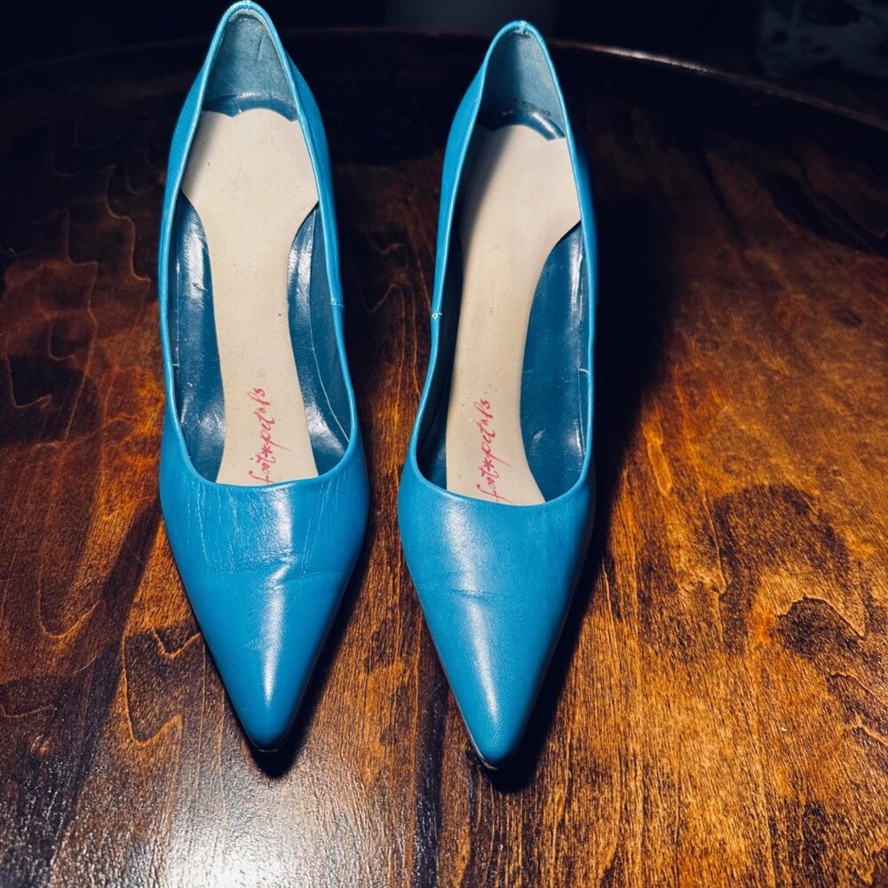 Charles David Blue Leather Pointed-Toe Heels 3.5" Stiletto Made In Spain Size 9